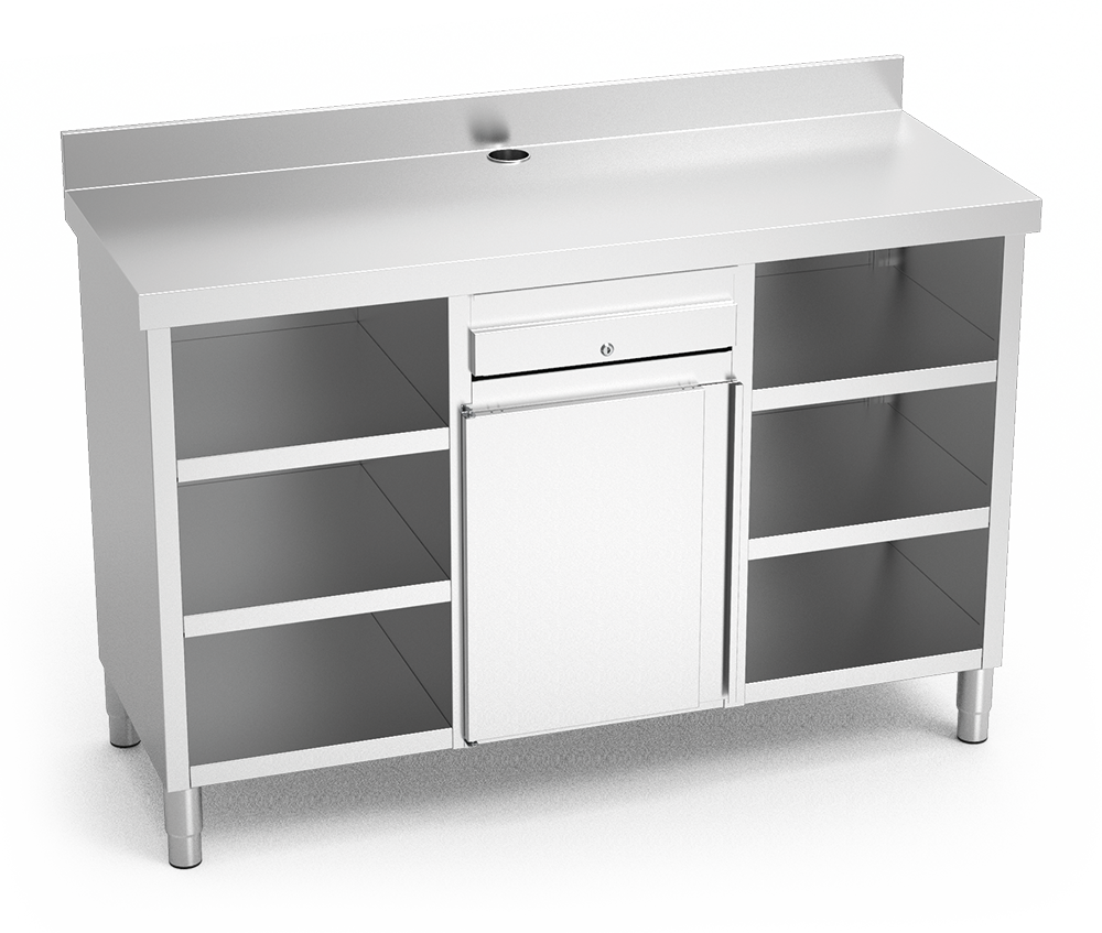 Mueble cafetero de cajón, puerta y 6 entrepaños 1570x600x1040 mm.
