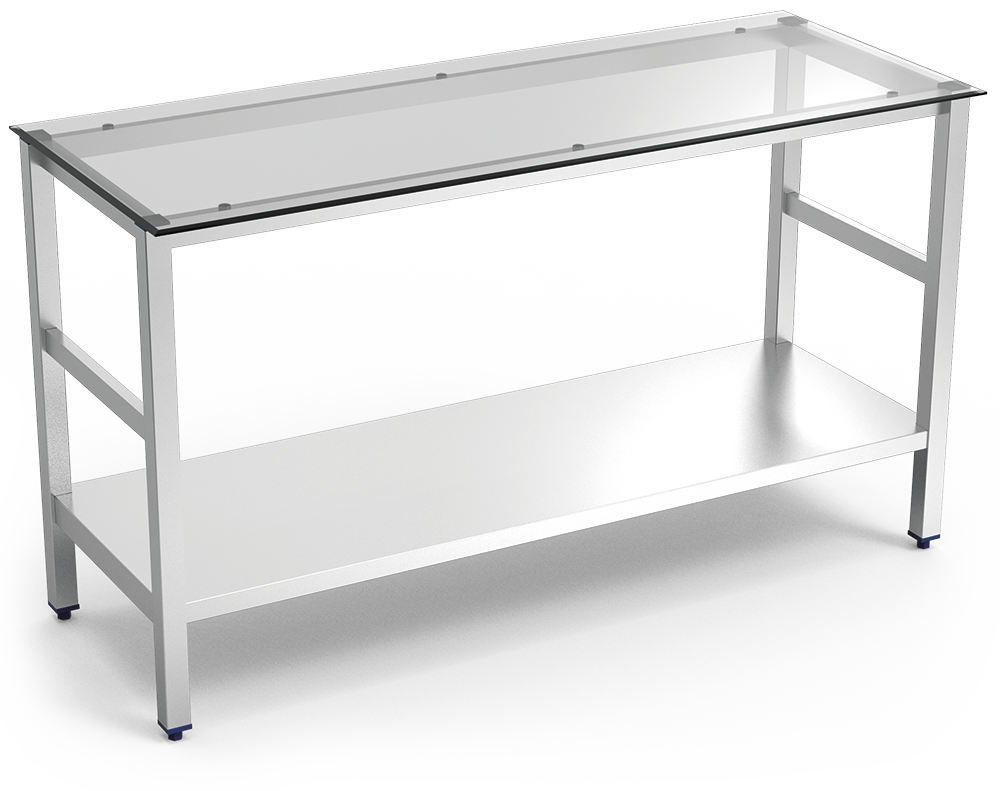 Mesa central inox con encimera de cristal translúcido 1000x600x860 mm